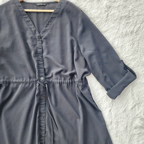 Black Button Front Drawstring Waist Shirt Dress‎ - Picture 2 of 6